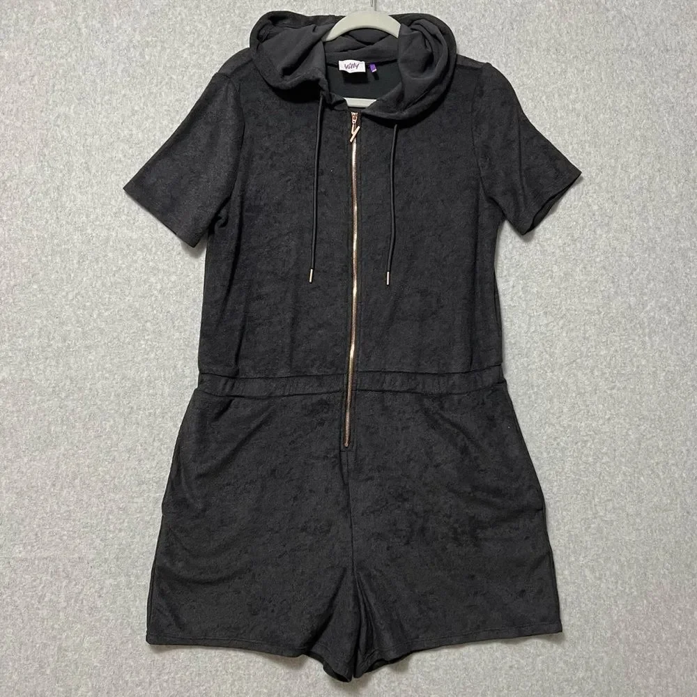 YITTY Terry Cloth Romper Size XL Black Hooded Zip Up Elastic Waist Athleisure - Picture 2 of 13